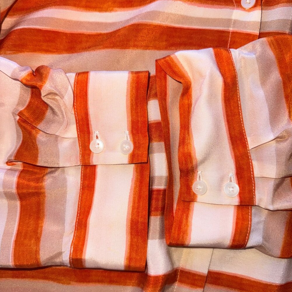 ALICE + OLIVIA Button Front Womens S Orange Cream Striped Silk 3/4 Sleeve Top - Picture 6 of 8